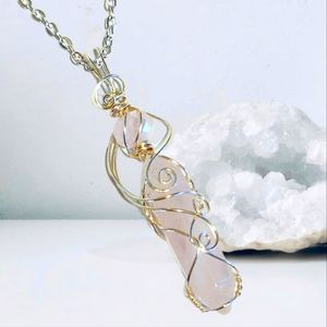 Wire Wrapped Crystal Necklace, Rose Quartz Natural Crystal Necklace